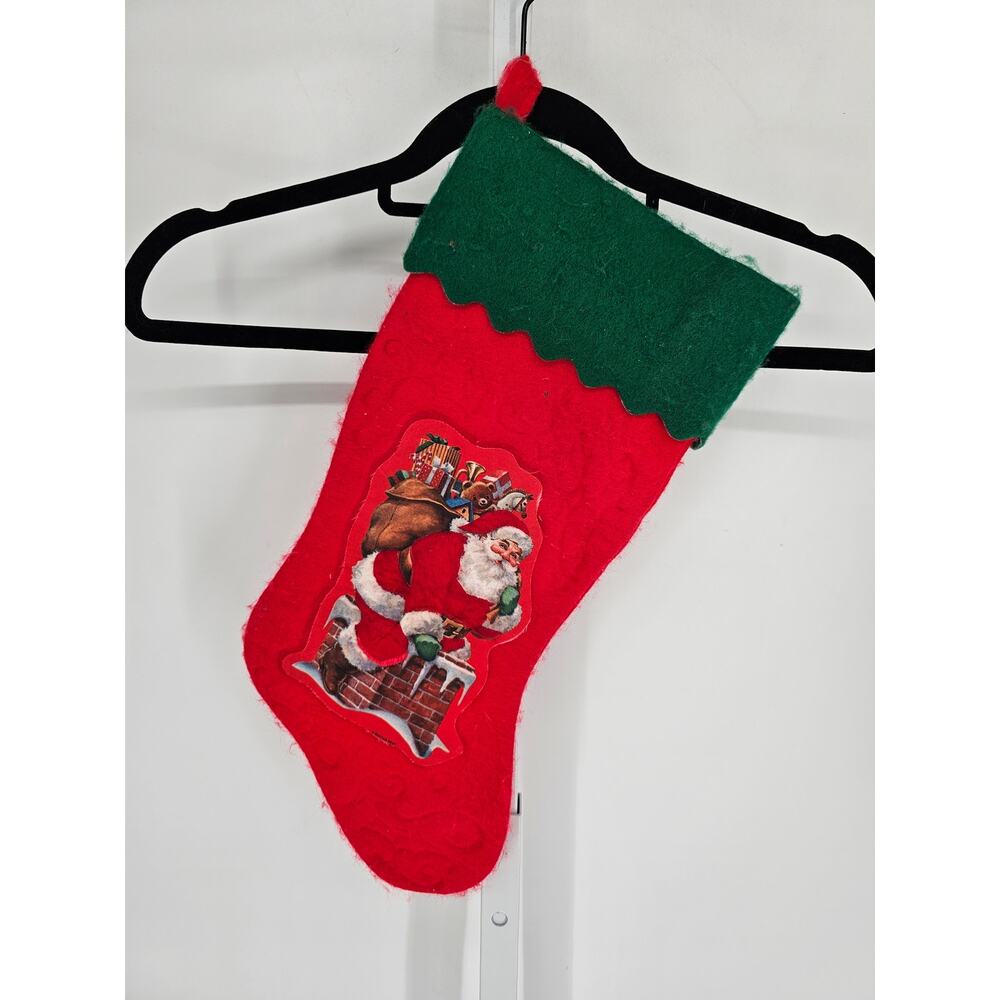 VINTAGE SANTA'S BEST DOWN THE CHIMNEY CHRISTMAS RED FELT STOCKING 15"